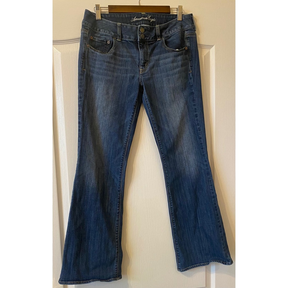 American Eagle Super Stretch Bootcut Jeans Medium Wash‎ Blue Denim Double Button
